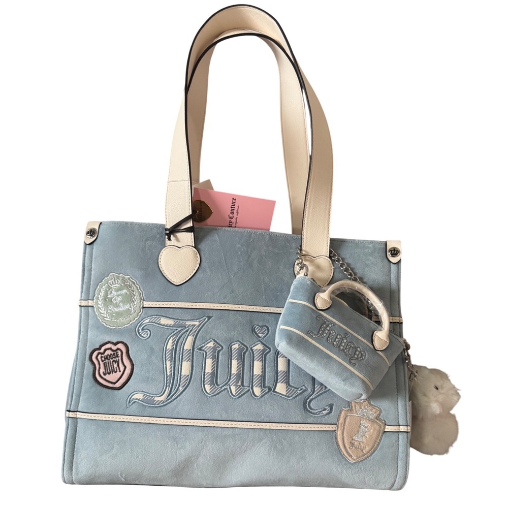 Juicyโ Couture Blue Denim Embroidered Patches Logo Mini Bag Charm Bag Tote NWT